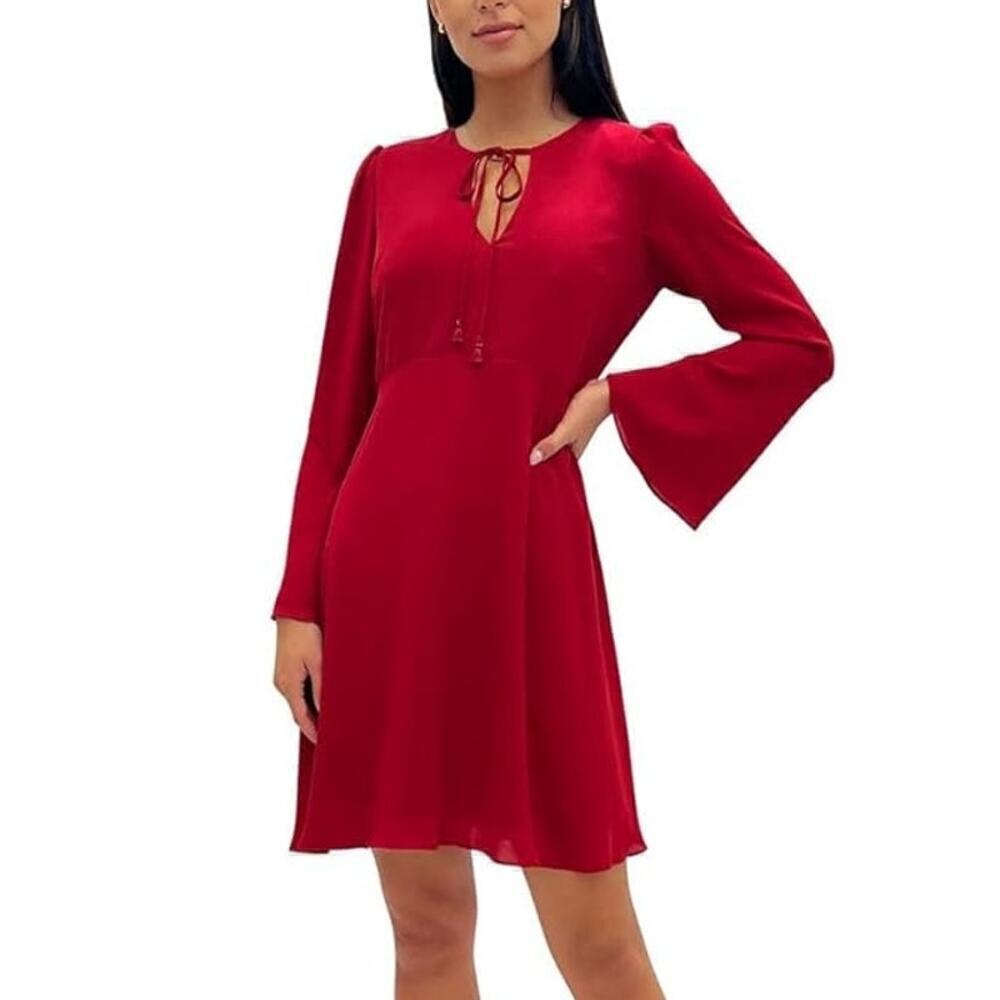Sam Edelman Dress Double-V Keyhole Long Bell Sleeve A-Line Short Mini Red NWT 8